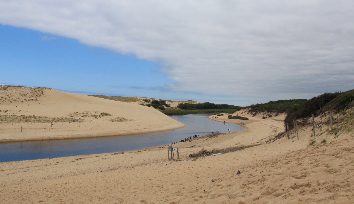Embouchure du Courant d’Huchet avec plage de sable fin, dunes et ruisseau sinueux dans les Landes, site naturel emblématique de Vielle-Saint-Girons