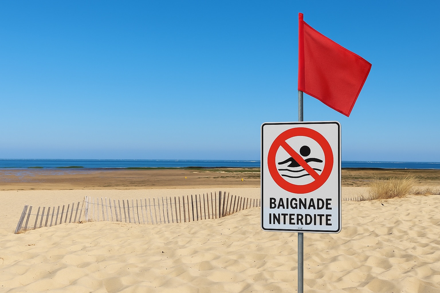 Panneau signalant l’interdiction de baignade pour raison sanitaire à la plage de La Hume à Gujan-Mestras